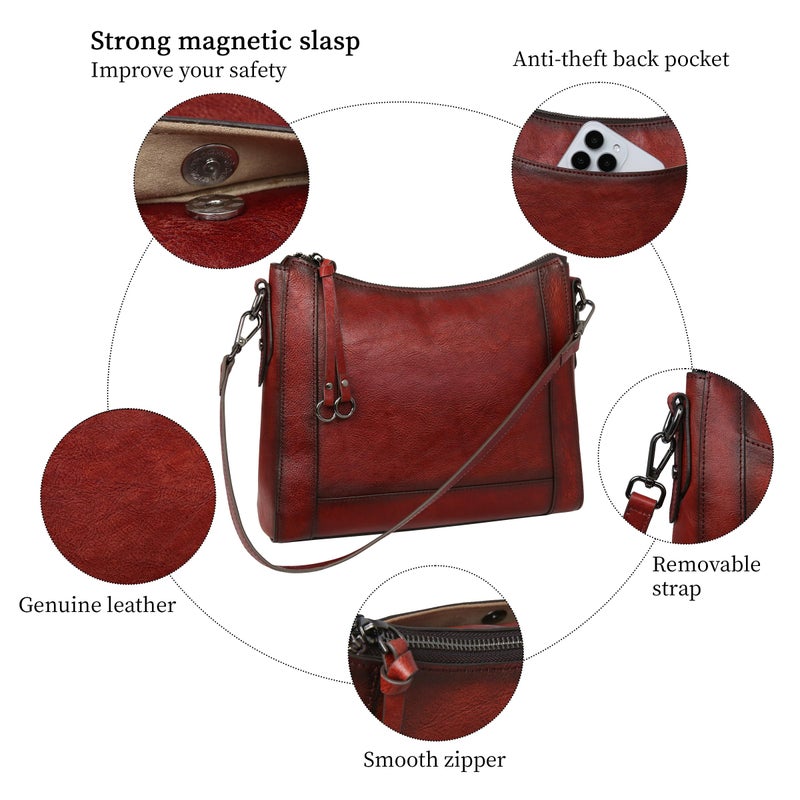 Iswee Wine Leather Crossbody Purse for Women Hobo Leather Shoulder Purse Genuine Satchel Purses and Handbags Medium(Wine) - Image 5