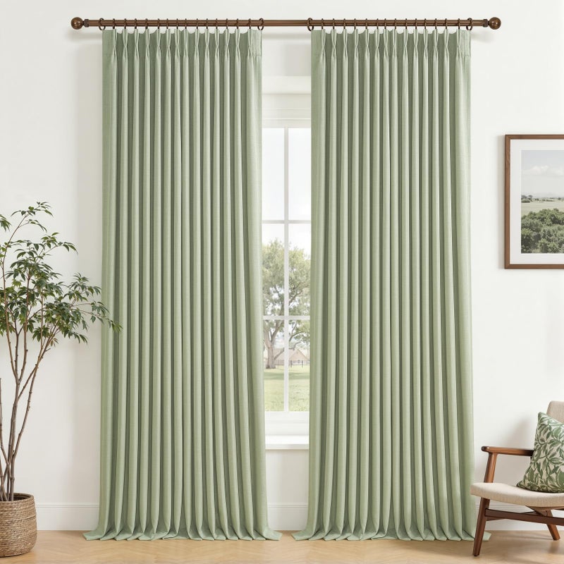 PleatedDrapes Full Blackout Sage Green Linen Dual Layer Curtains 96 Inches Long for Living Room 2 Panels Set, Pinch Pleated Noise Reducing Heat Blocking Farmhouse Curtain 40x96 Inch Length for Bedroom Window Drapes - Image 1