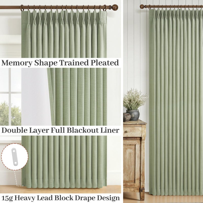 PleatedDrapes Full Blackout Sage Green Linen Dual Layer Curtains 96 Inches Long for Living Room 2 Panels Set, Pinch Pleated Noise Reducing Heat Blocking Farmhouse Curtain 40x96 Inch Length for Bedroom Window Drapes - Image 4