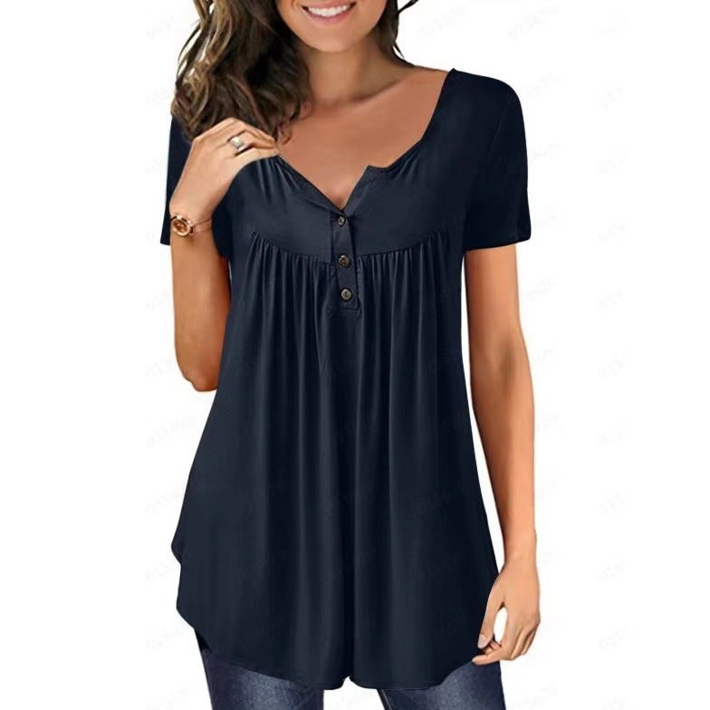 Cross-border supply 2021 summer Europe and the United States hot selling solid color button loose short-sleeved top factory supply women's T-shirt fox Blue fox L - Image 1