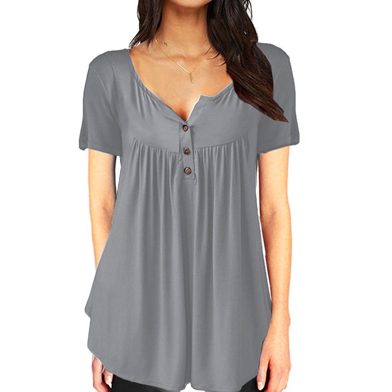 Cross-border supply 2021 summer Europe and the United States hot selling solid color button loose short-sleeved top factory supply women's T-shirt fox Blue fox L - Image 4