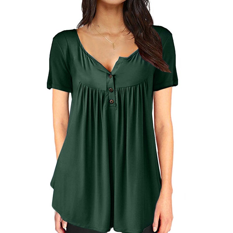 Cross-border supply 2021 summer Europe and the United States hot selling solid color button loose short-sleeved top factory supply women's T-shirt fox Blue fox L - Image 5