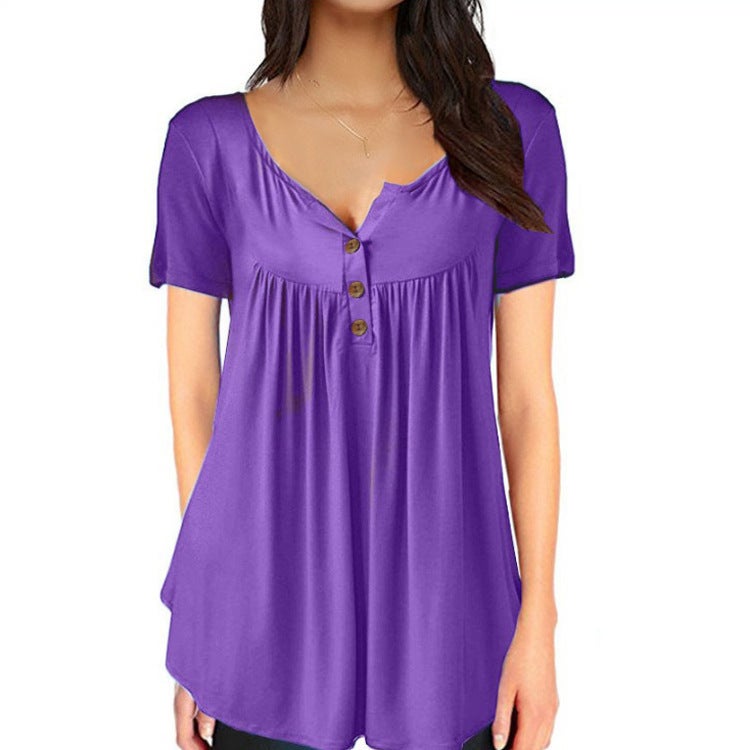 Cross-border supply 2021 summer Europe and the United States hot selling solid color button loose short-sleeved top factory supply women's T-shirt fox Blue fox L - Image 3