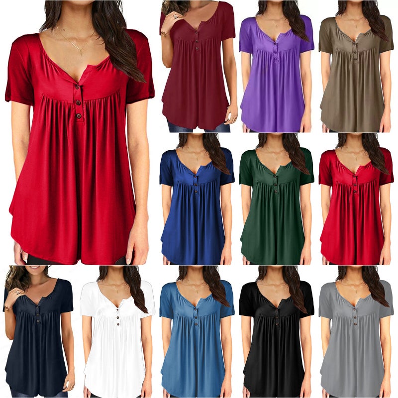 Cross-border supply 2021 summer Europe and the United States hot selling solid color button loose short-sleeved top factory supply women's T-shirt fox Blue fox L - Image 2