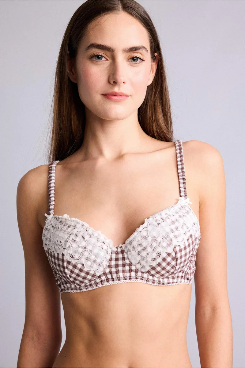 ديفاكتو Padded Cotton with Underwire and Lace Detail Bra