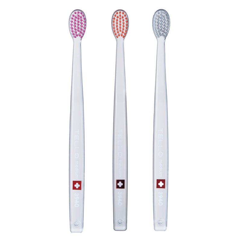 TELLO 3940 Adult Medium Swiss Toothbrush for Gentle Cleaning with Ergonomic Handle 3 Count