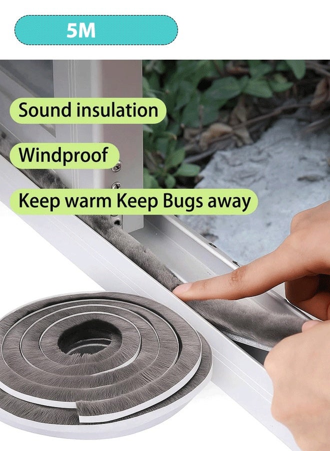 XiuWoo Brush Weather Stripping,5M Grey,Insulation,Sliding Seal Strip,Glass,Window Felt,Brush Door Sweep,Self Adhesive Draft Blocker,Dust Stopper Sliding Door Seal Winter - Image 1