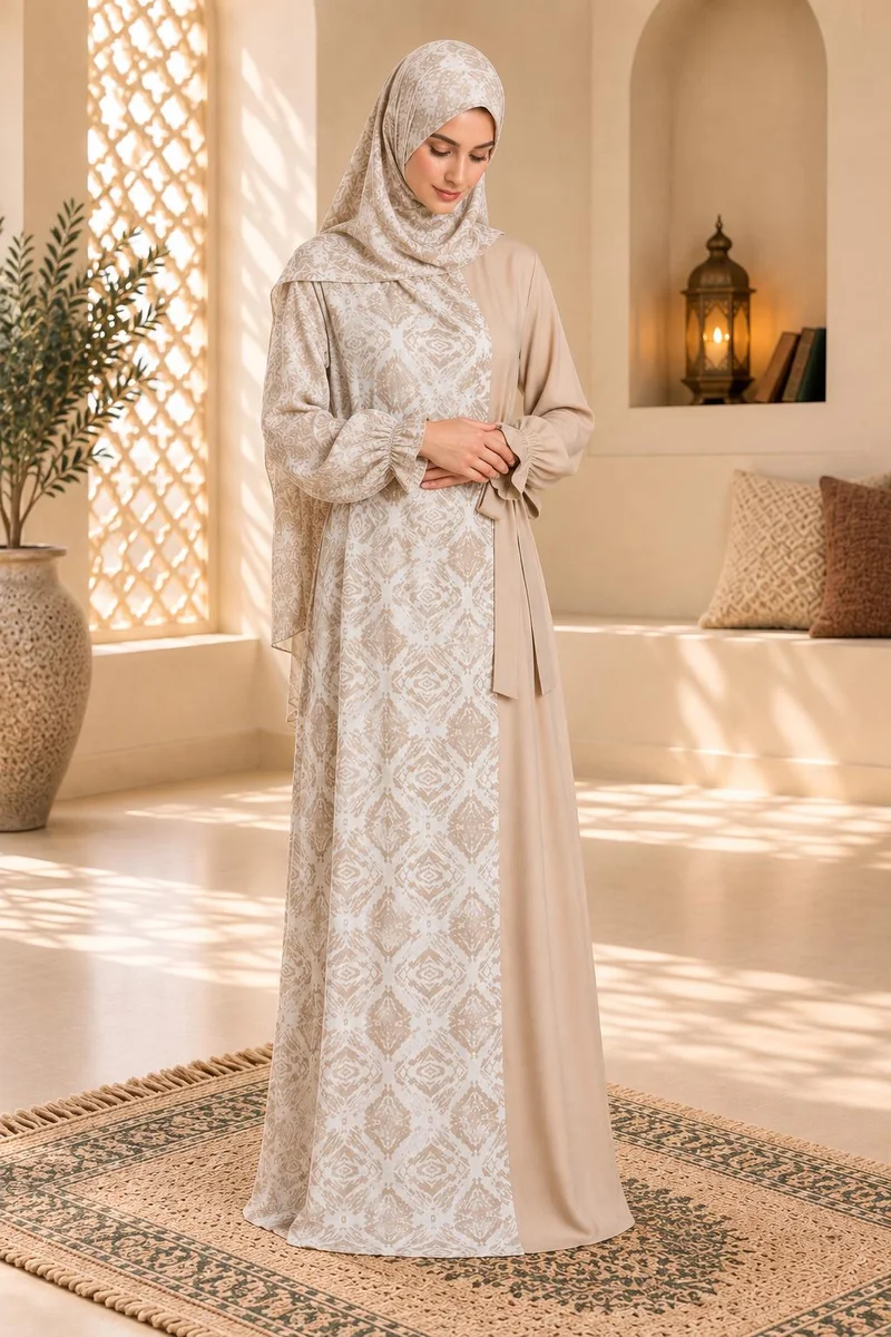 أرتيميا Beige Abstract printed Tie up wrap style Women's Prayer dress with Hijab
