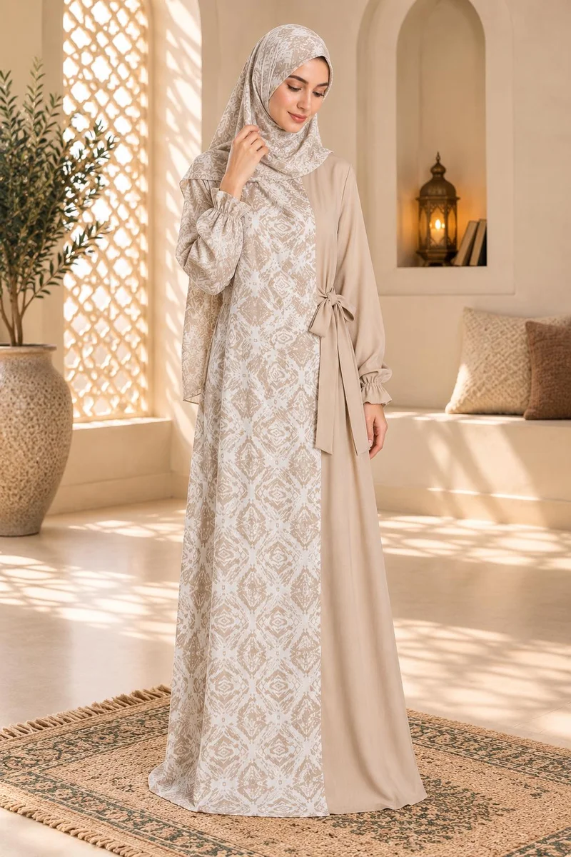 أرتيميا Beige Abstract printed Tie up wrap style Women's Prayer dress with Hijab