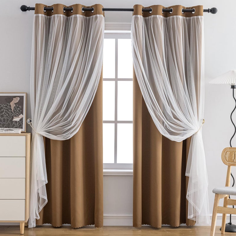 Anytime Home Curtains Blackout and Sheer Layered Solid Window Curtain Panel Pair with Grommet Top, 52Wx63L,Coffee - Image 1
