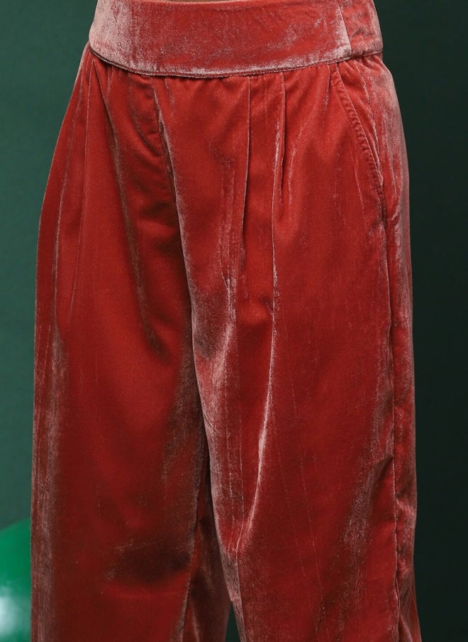AKS Peach Velvet Blazer And Trousers Set For Women - Image 3