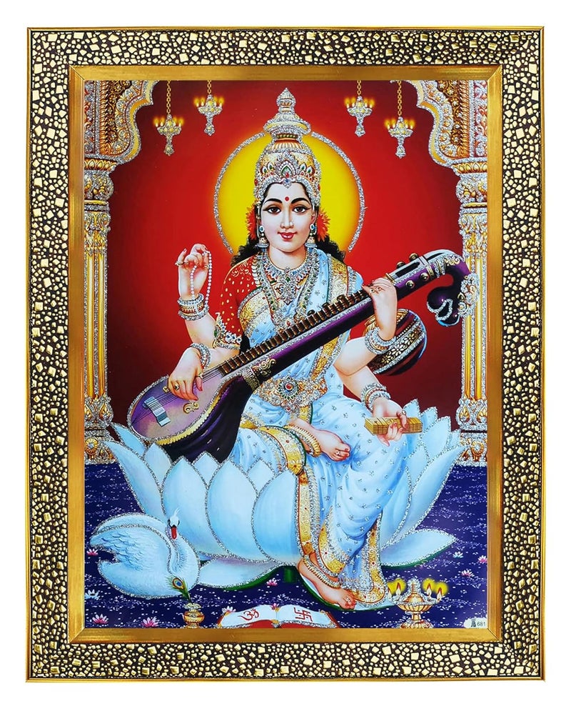 Koshtak Koshtak Saraswati MATA on White Lotus with Sitar Photo Frame for Wall HangingGiftTemplepuja RoomHome Decor with Unbreakable Acrylic Glass for Worship  - Image 1