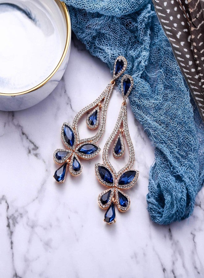BriLove Women's Wedding Bridal Crystal Teardrop Butterfly-Shape Pierced Dangle Earrings Navy Blue Gold-Tone - Image 4