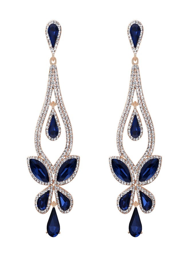 BriLove Women's Wedding Bridal Crystal Teardrop Butterfly-Shape Pierced Dangle Earrings Navy Blue Gold-Tone - Image 1