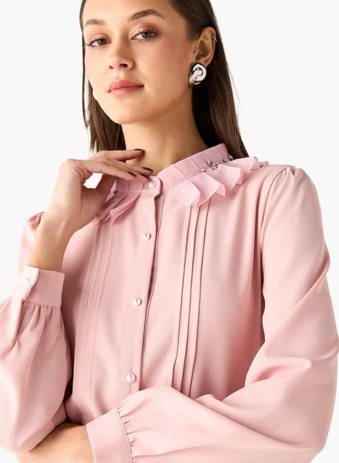 2Xtremz 2Xtremz Pintuck Embellished Ruffle Collar Shirt with Long Sleeves