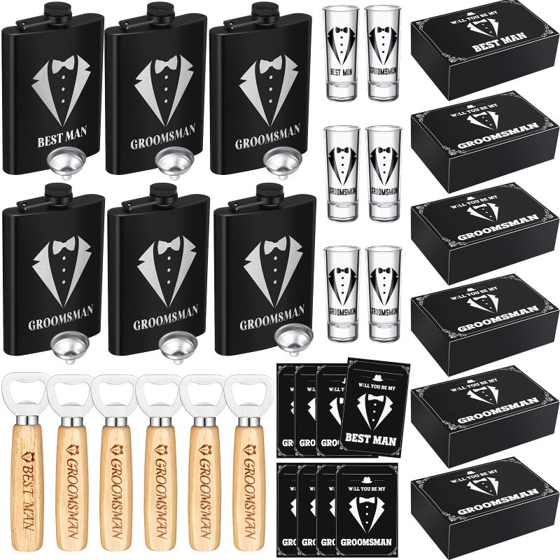 Yaomiao 30 Pcs Groomsmen Gift for Wedding, Including 6 Pcs 8 oz Groomsmen Flask 6 Wooden Bottle Opener 6 Party Favors Shot Glasses 6 Boxes Empty 6 Proposal Cards Best Man Gift - Image 1