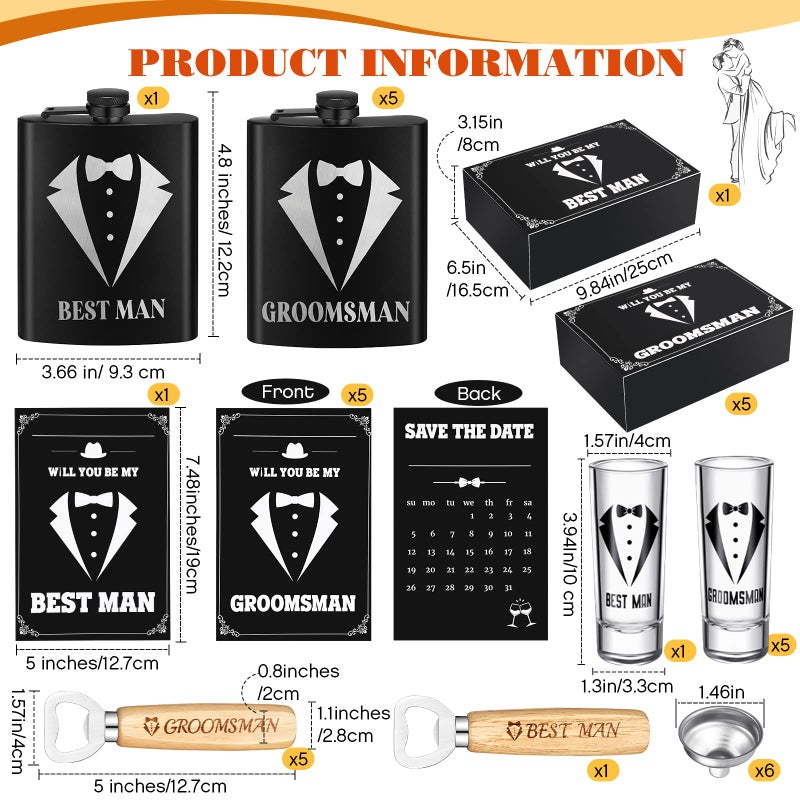 Yaomiao 30 Pcs Groomsmen Gift for Wedding, Including 6 Pcs 8 oz Groomsmen Flask 6 Wooden Bottle Opener 6 Party Favors Shot Glasses 6 Boxes Empty 6 Proposal Cards Best Man Gift - Image 2