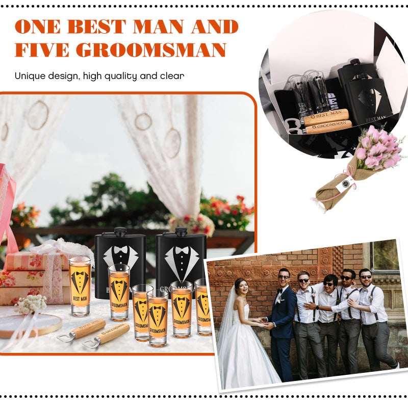Yaomiao 30 Pcs Groomsmen Gift for Wedding, Including 6 Pcs 8 oz Groomsmen Flask 6 Wooden Bottle Opener 6 Party Favors Shot Glasses 6 Boxes Empty 6 Proposal Cards Best Man Gift - Image 5