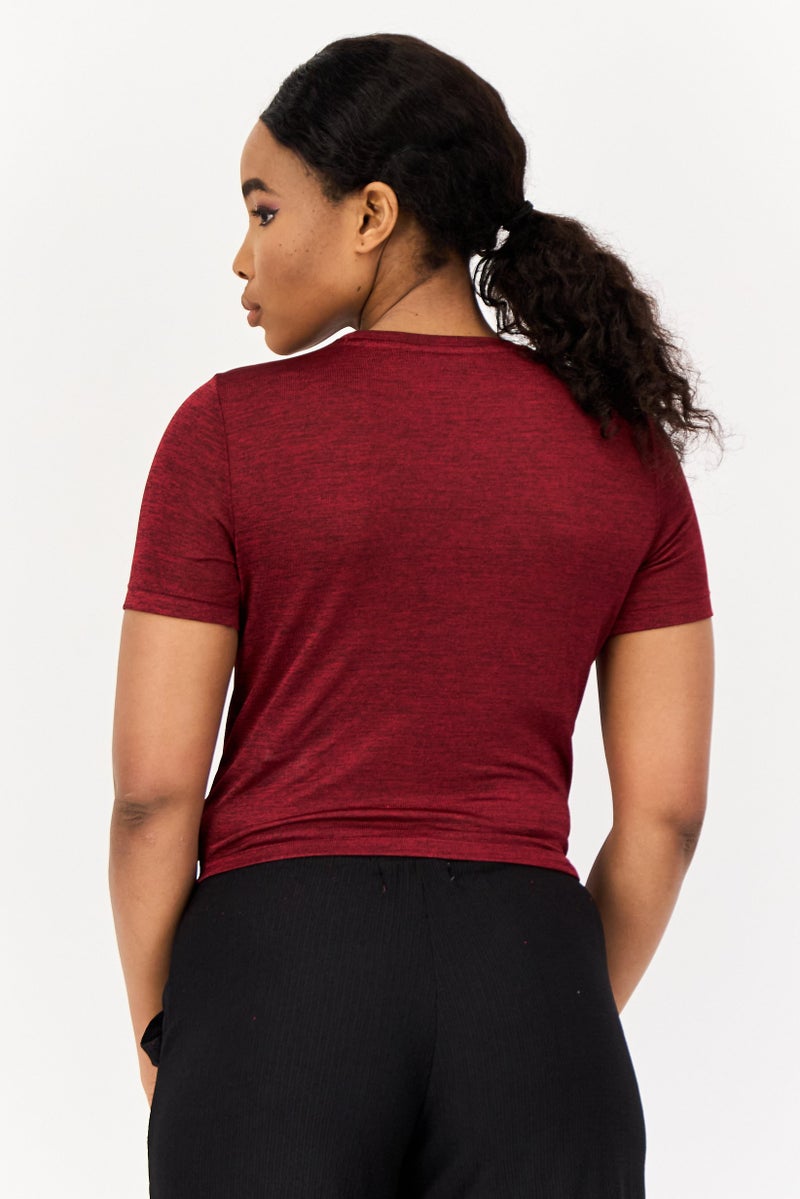 ONLY Women Crew Neck Short Sleeve Textured T Shirt, Maroon - Image 4