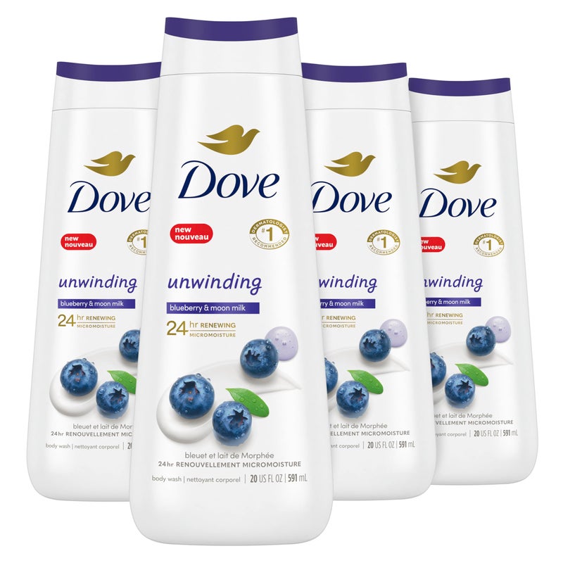 Dove غسول الجسم دوف بالتوت الأزرق وحليب القمر، 4 قطع لبشرة متجددة وصحية، منظف لطيف مرطب للبشرة مع ترطيب ميكرو 24 ساعة، 20 أونصة - Image 1