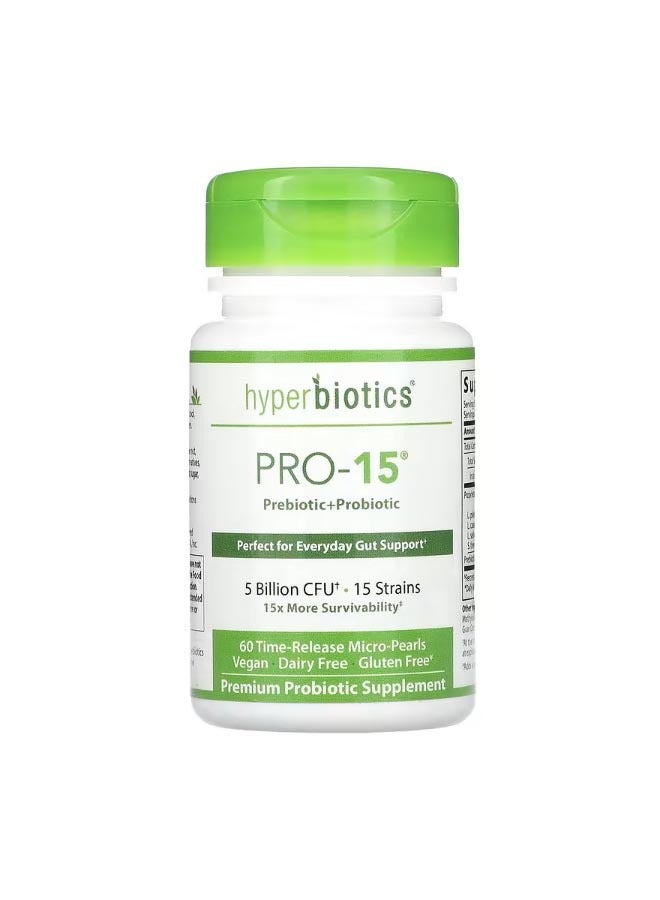Hyperbiotics PRO 15 Prebiotic  Probiotic 5 Billion CFU 60  Time Release Micro Pearls - Image 1