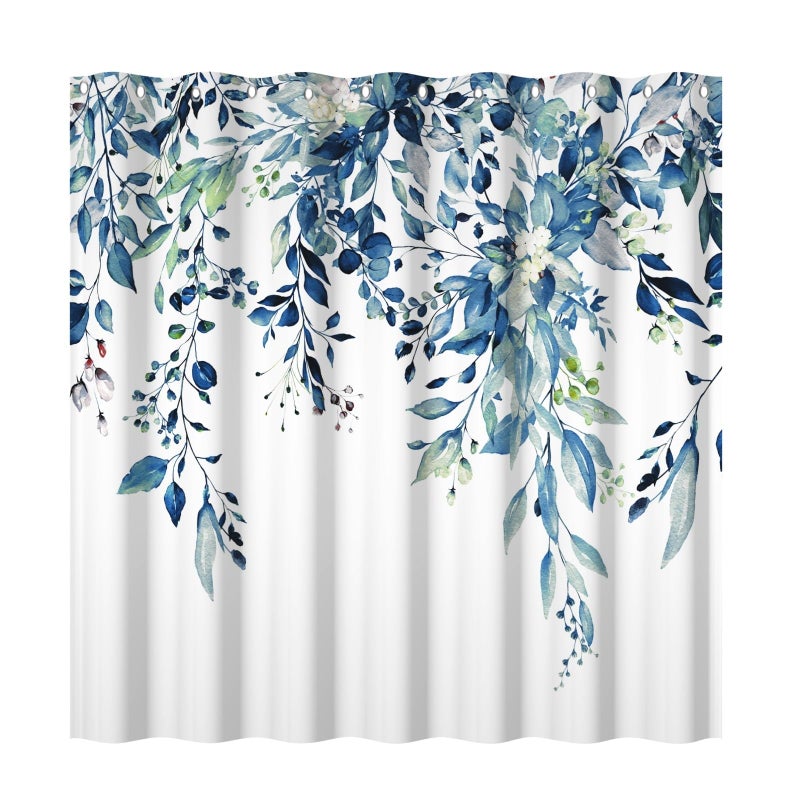 Yeele Blue Leaves Long Fabric Shower Curtain Watercolor Floral Leaf Wide Bath Curtain Farmhouse Plant Wildflower Stall Size Shower Curtains for Bathroom Decor Waterproof with Hooks 72x96 Inch