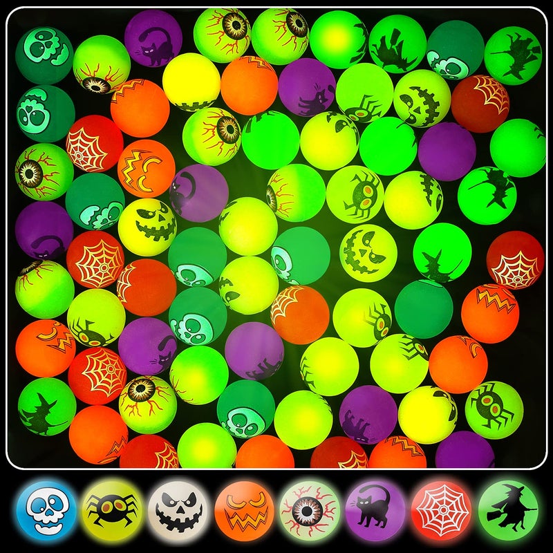 Shemira 64pcs Glow in The Dark Bouncing Balls8 Halloween Theme Designs Bouncy Toys Balls Halloween Party Favors Supplies Trick or Treating Goodie Halloween MiniaturesSchool Classroom Game Rewards - Image 2