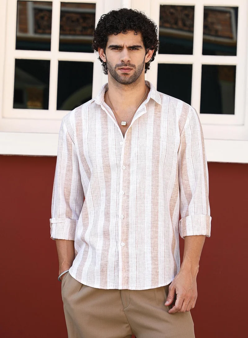 Campus Sutra Men's Tan Beige Pincandy-Striped Regular Shirt