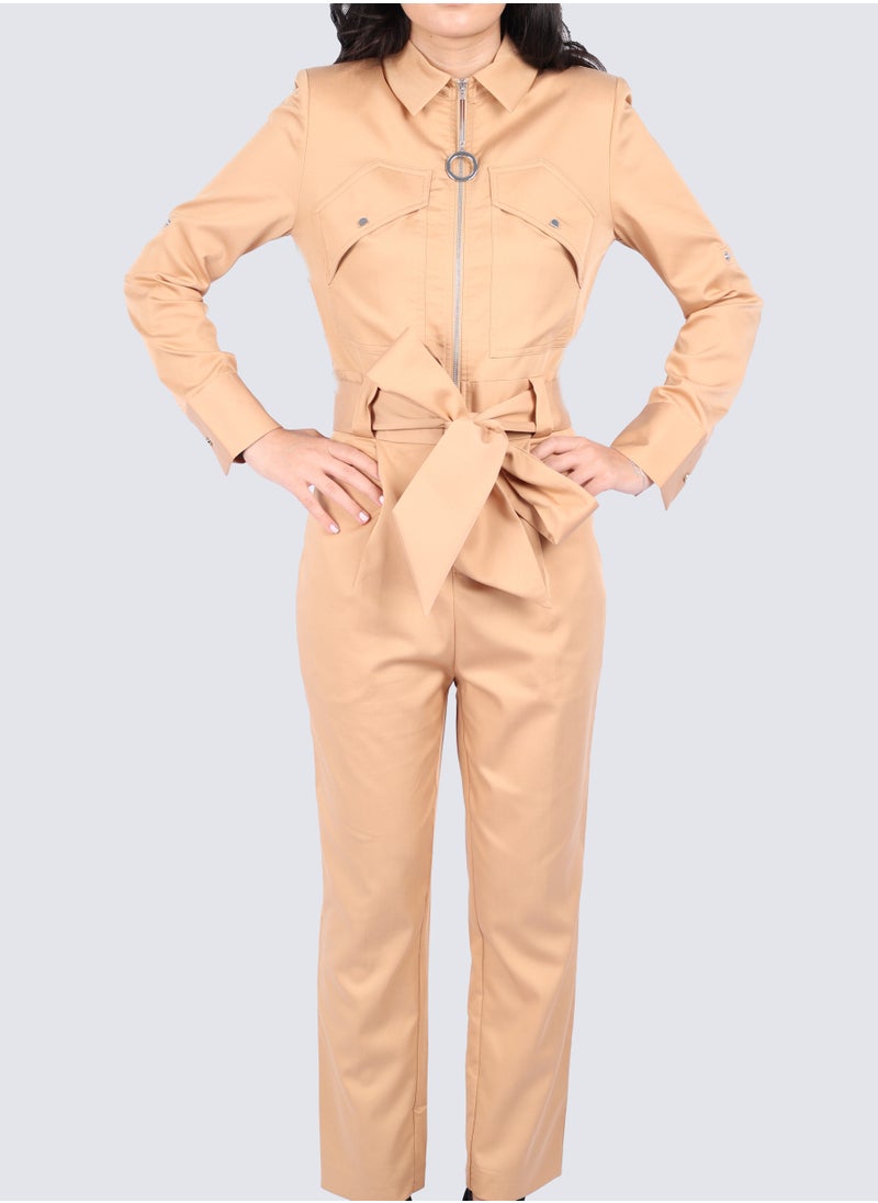 VERO MODA - Women's Zipp Closer Double Chest Pockets Catsuit in Tan - Image 1