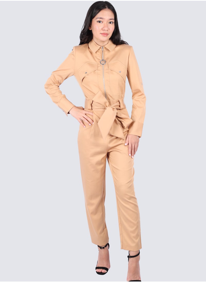 VERO MODA - Women's Zipp Closer Double Chest Pockets Catsuit in Tan - Image 1