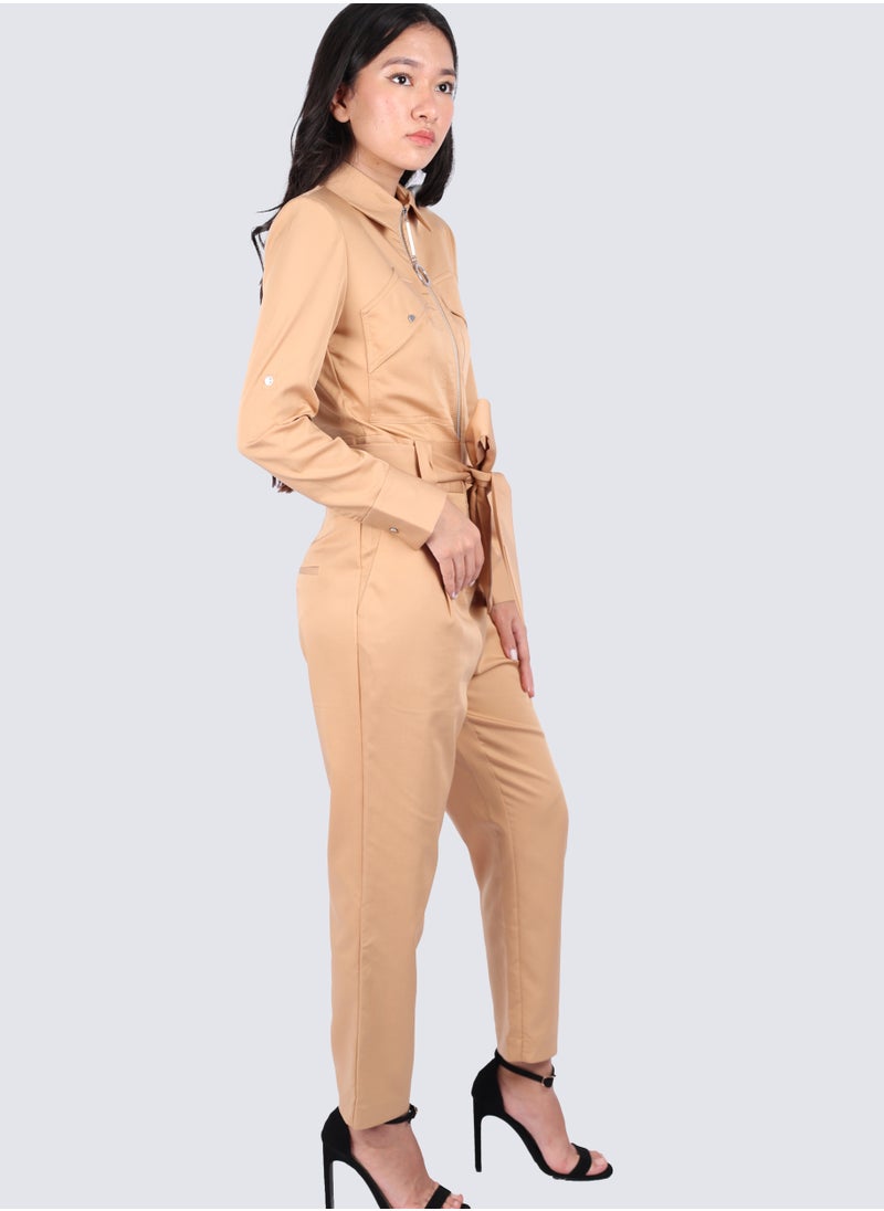 VERO MODA - Women's Zipp Closer Double Chest Pockets Catsuit in Tan - Image 1
