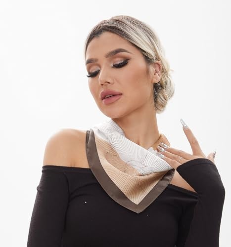 MEISEE Pure Mulberry Silk Scarfs Women Small Square Scarf 21" x 21" Breathable Lightweight Neckerchief Printed Headscarf (Z6-Coffee color + white flowers) - Image 4