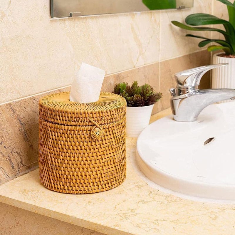 Handwoven Rattan Tissue Box Holder Round Napkin Storage Box Decorative Multi Functional For Living Room Bedroom - Image 5