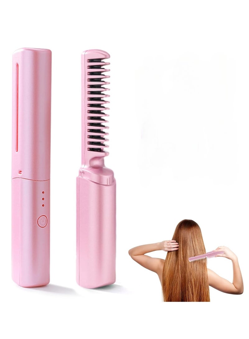 1pc Mini Rechargeable Hair Straightener Cordless Hair Straightener Brush Three Temperature Adjustments Flat Iron Hot Comb (Pink) - Image 1