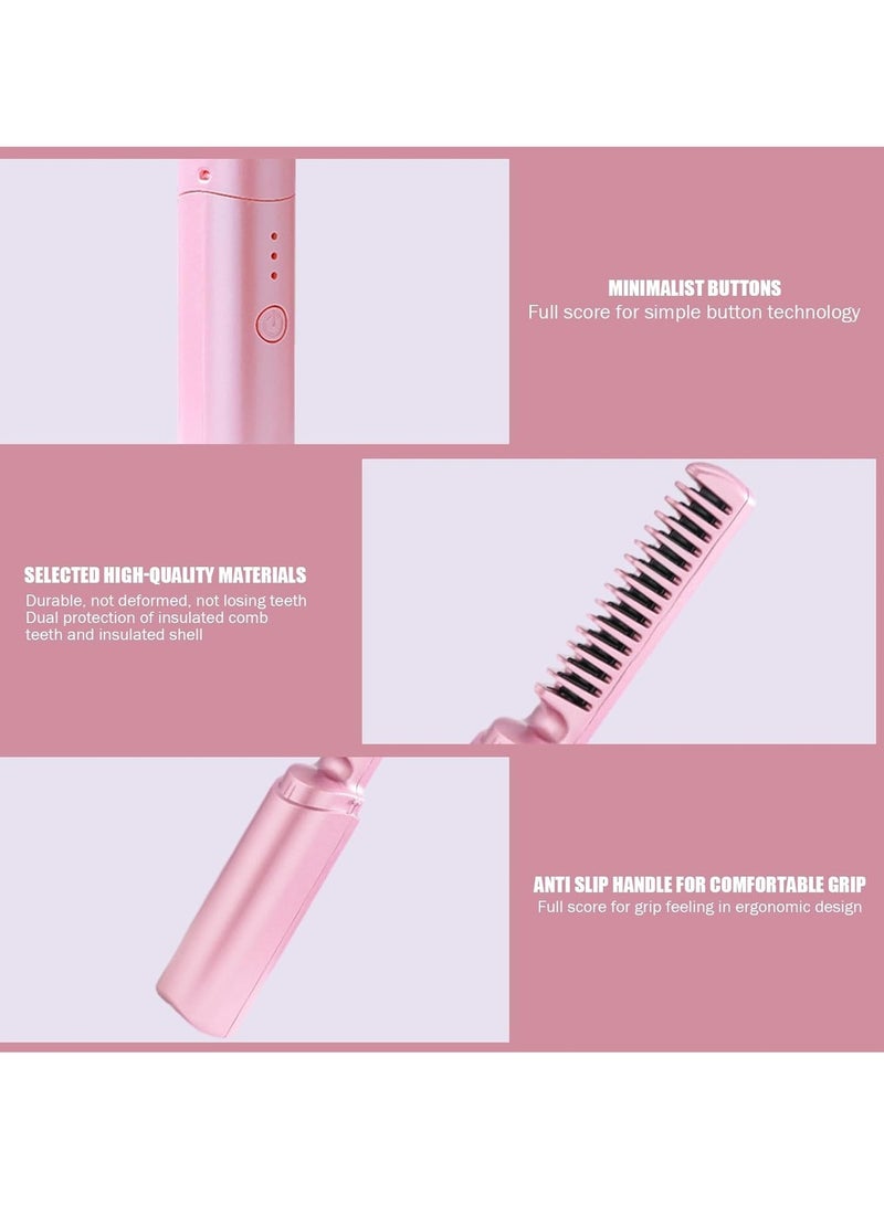 1pc Mini Rechargeable Hair Straightener Cordless Hair Straightener Brush Three Temperature Adjustments Flat Iron Hot Comb (Pink) - Image 2