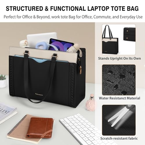 RAINSMORE Laptop Bag for Women 15.6 Inch Work Tote Bag with Detachable Strap & Bow Leather Professional Laptop Tote with Cup Holder, Office Business Briefcase Large Handbag，Black-White - Image 3