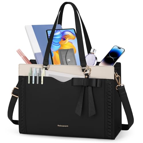 RAINSMORE Laptop Bag for Women 15.6 Inch Work Tote Bag with Detachable Strap & Bow Leather Professional Laptop Tote with Cup Holder, Office Business Briefcase Large Handbag，Black-White - Image 1