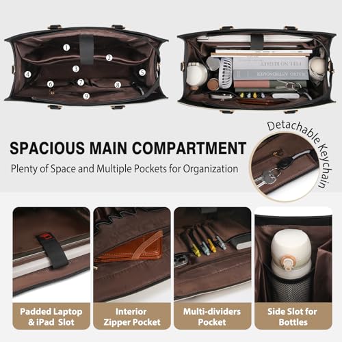 RAINSMORE Laptop Bag for Women 15.6 Inch Work Tote Bag with Detachable Strap & Bow Leather Professional Laptop Tote with Cup Holder, Office Business Briefcase Large Handbag，Black-White - Image 4