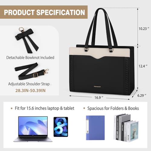 RAINSMORE Laptop Bag for Women 15.6 Inch Work Tote Bag with Detachable Strap & Bow Leather Professional Laptop Tote with Cup Holder, Office Business Briefcase Large Handbag，Black-White - Image 5