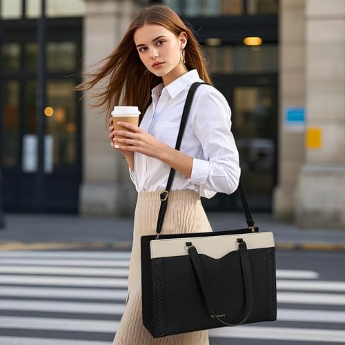 RAINSMORE Laptop Bag for Women 15.6 Inch Work Tote Bag with Detachable Strap & Bow Leather Professional Laptop Tote with Cup Holder, Office Business Briefcase Large Handbag，Black-White - Image 2