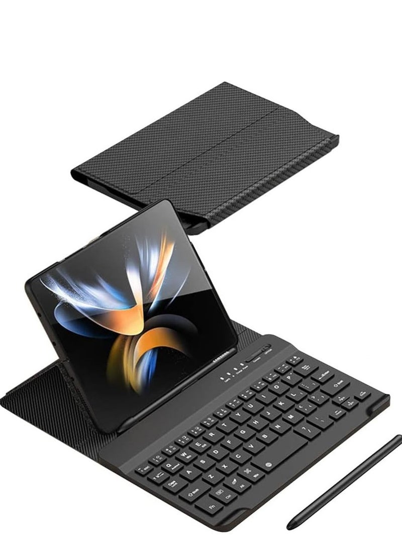بلو فاير غطاء لوحة مفاتيح بلوتوث 2 في 1 للآيفون والأندرويد - مع قلم ستايلس وقابل للفصل، غطاء جلدي فاخر مع حامل قابل للتعديل، شاشة كبيرة، بطارية تدوم 100 ساعة، شحن نوع C، أسود - Image 1