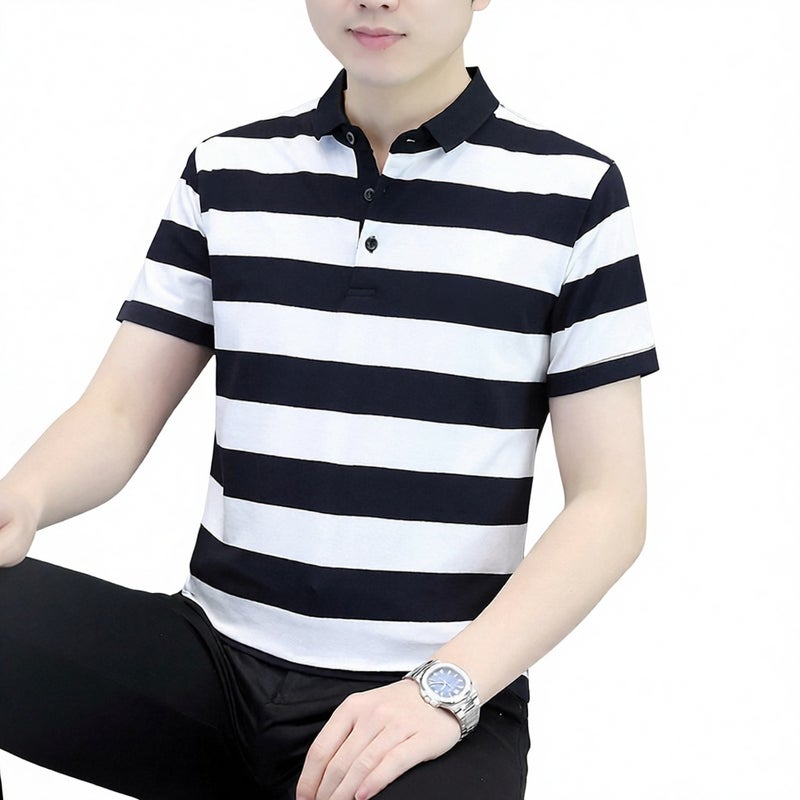 Men Striped Short Sleeve Polo Shirt Stretch Casual Knit Top