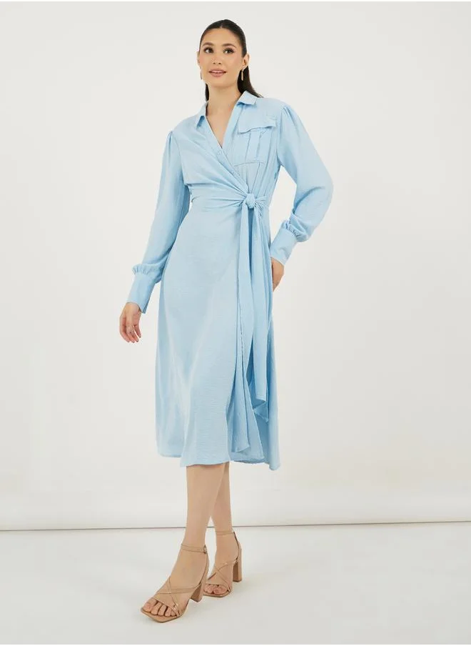 Styli Textured Wrap Front Shirt Midi Dress with Self Tie Belt