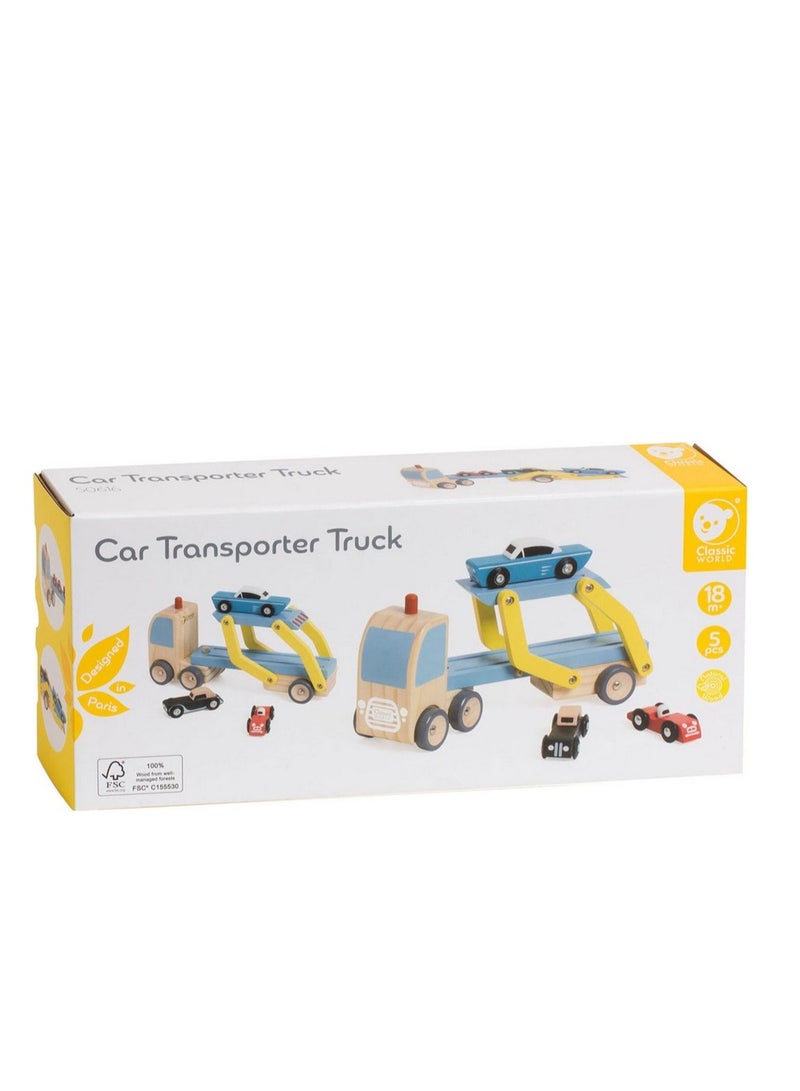 Classic World Car Transporter Truck – Wooden Toy Transporter, Car Carrier Playset, Educational Toy, Pretend Play, Interactive Learning, Vehicle Set - Image 1