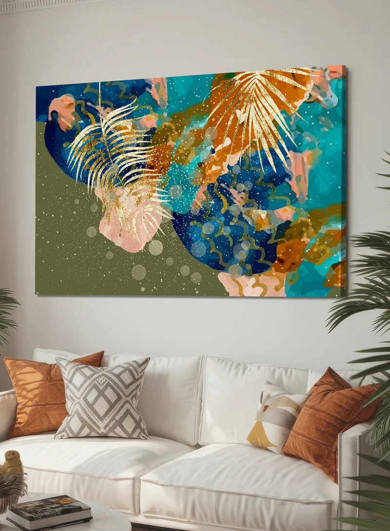 لوحة لوحة كانفاس على إطار خشبي بتصميم تجريدي لأوراق نباتية استوائية