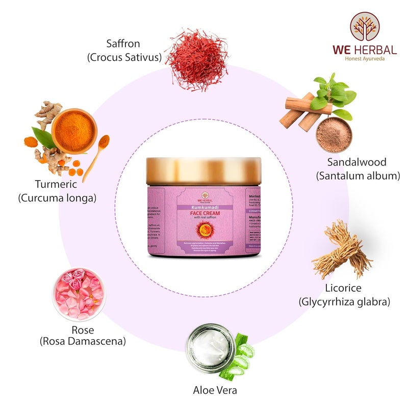 We Herbal  Honest Ayurveda Kumkumadi Face Cream For Fairness Glow Skin Brightening  Tightening No Artificial Chemicals Fragrance  Colour 100Gms - Image 4