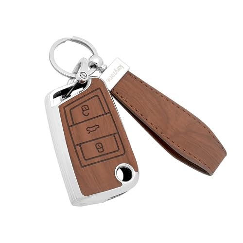 keyzone Woodgrain TPU Key Cover & Keychain for Volkswagen Virtus, Tiguan, T-Roc, Taigun, Jetta, Skoda Octavia, Karoq, Superb, Kodiaq, Slavia Flip Key (Walnut Brown) - Image 1