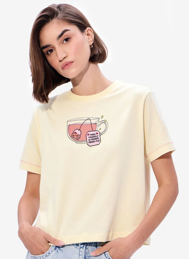 The Souled Store Women's Relaxed Fit Printed Yellow T-Shirt