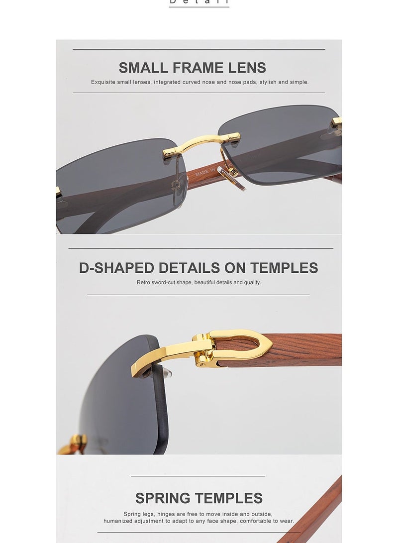Rimless Wood Temple Sunglasses for Men, UV400 Protection, Anti-Sweat Log Legs, Fashion Eyewear for Driving, Office & Daily Wear - Image 3