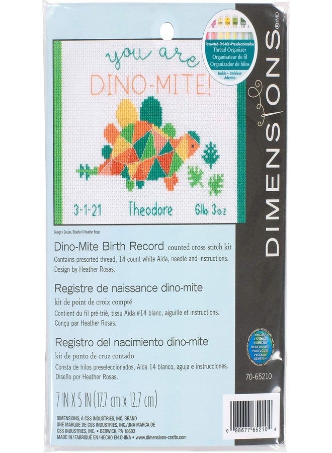 Dimensions 70-65210 Dino-Mite Baby Birth Record Counted Cross Stitch Kit, 14 White Aida, 7'' x 5' - Image 1